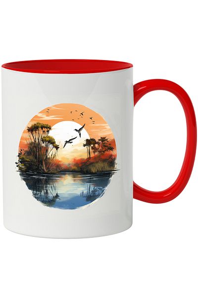 StoryGift Romania Mug With Landscape: Lake, Sun, Sunset, Sky, Trees, Exotic, Multicolor 330 ml, Ceramics, With ,STG