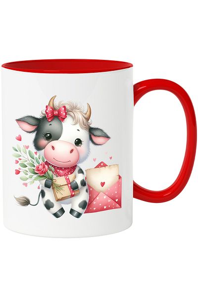 StoryGift Romania Mug with a blushing cow holding a package in her arms | illustration | letter, With ,STG
