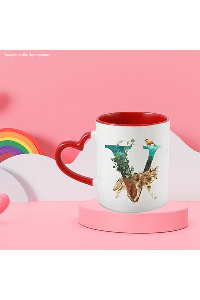 StoryGift Romania Mug With Letter, V, Fox, Bird, Multicolor 330 ml, Ceramic with Red Heart Handle, With ,STG