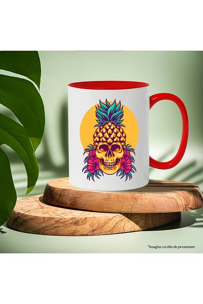 StoryGift Romania Skull Mug, Pineapple, Flowers, Hibiscus, Tropical, Leaves, Multicolor 330 ml, Sky, With ,STG