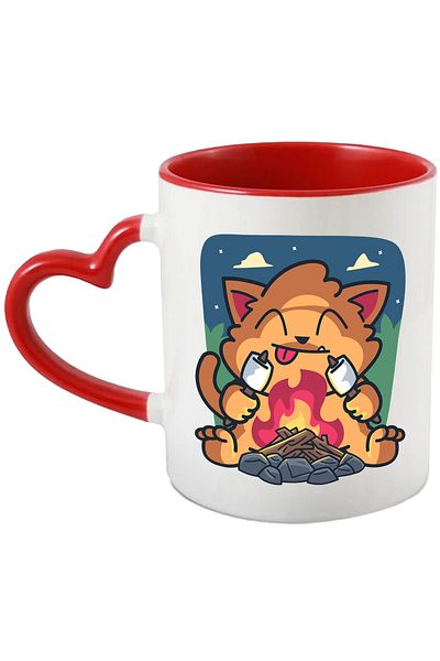 StoryGift Romania Mug With Cat, Campfire, Marshmallows, Multicolor 330 ml, Ceramic with Heart Handle, With ,STG.
