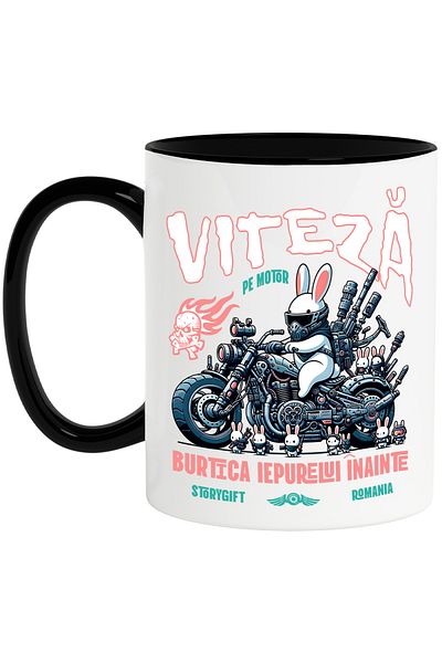 StoryGift Romania Mug speed on motorbike belly forward, motorcycle rabbit, 330ml, Ceramic with Man, With, STG.