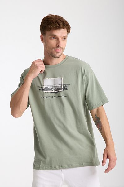 Tarz Cool Ανδρικό μπλουζάκι Water Green Portra μπροστά και πίσω με στάμπα Oversize Crew Neck