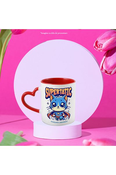 StoryGift Romania Super Daddy Mug, Superhero, Flying Cat, 330ml, Ceramic with Red Heart Handle, With,STG.