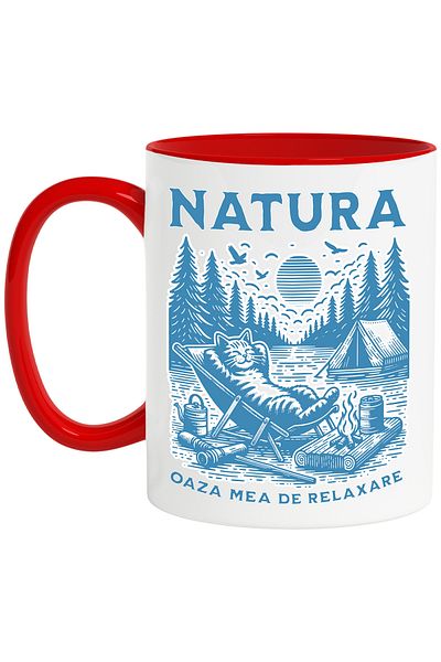 StoryGift Romania Mug cat in nature relaxation with forest tent scout, 330ml, Ceramic with Handles, With,STG