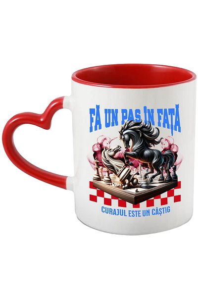 StoryGift Romania Battle mug on chessboard, horse, text TAKE A STEP FORWARD COURAGE IS A WIN, With ,STG