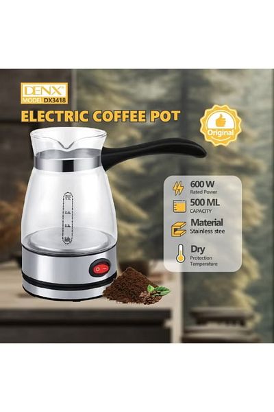 Denx إبريق قهوة كهربائي زجاجي تركي (500 مل) من الفولاذ المقاوم للصدأ DX3418
