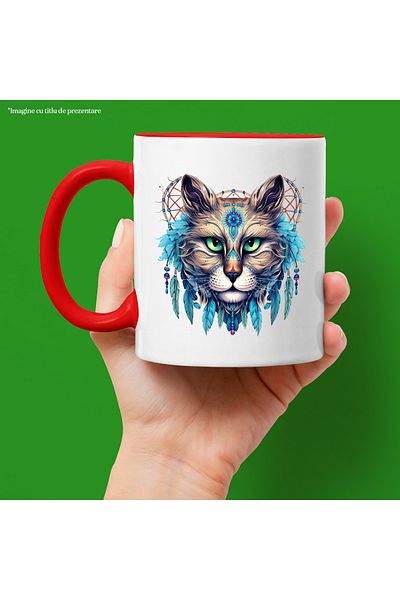 StoryGift Romania Mug with a cat, illustration, feathers, symbols, dream net, indigenous, Indians,, With ,STG