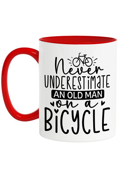 StoryGift Romania Mug with a bicycle and the message "Never underestimate an old man who is , With ,STG .