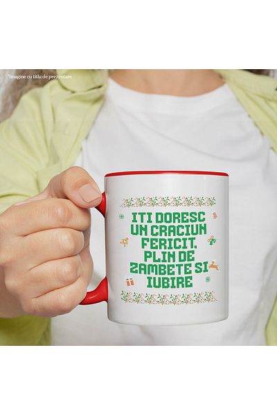 StoryGift Romania Christmas greeting mug I wish you a Merry Christmas, 330ml, Ceramic with Red Handle, With,STG