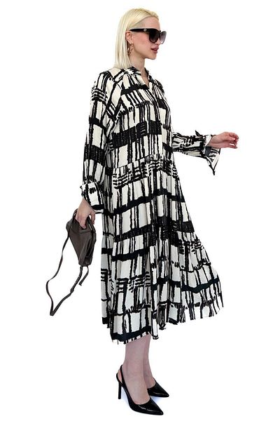 Madmext Ecru Long Sleeve Buttoned Patterned Dress Mg2430