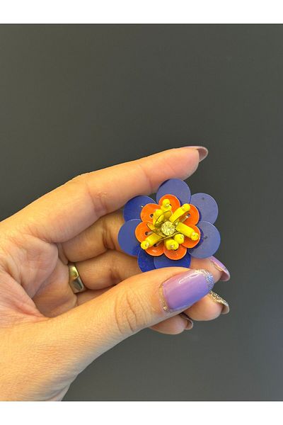 Gönülden Tasarım Blue Sequin Colorful Flower Coat of Arms Sewing Accessory Diameter 6 cm