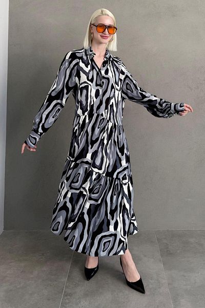 Madmext Gray Long Sleeve Buttoned Patterned Dress Mg2430