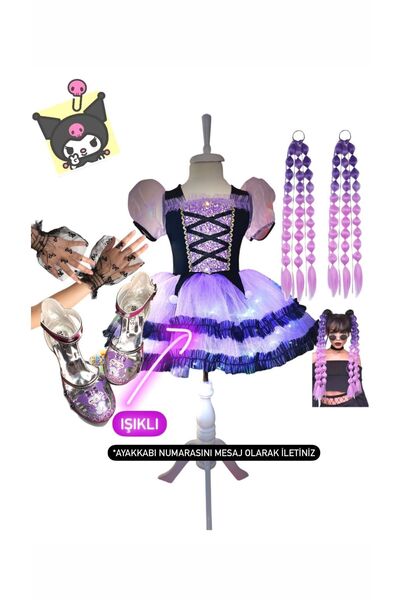 3b kids Kuromi Elbise Işıklı Kuromi Topuklu Ayakkabı Seti(AYAKKABI NUMARASINI...