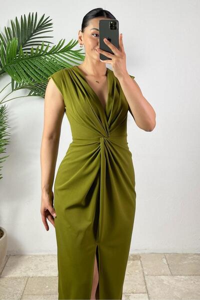 Madmext Yağ Yeşili Yırtmaç Detaylı Kruvaze Yaka Kadın Elbise Mg2417