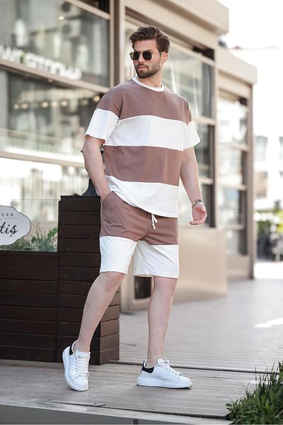 Madmext Καφέ ριγέ ανδρικό σορτς T-Shirt Σετ E7420
