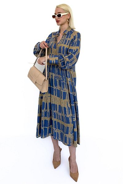 Madmext Indigo Long Sleeve Buttoned Patterned Dress Mg2430