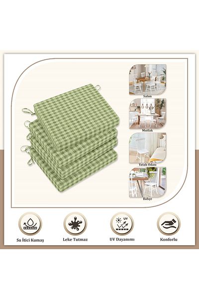 Evim Canvas Single Plaid Liquid Proof Stain Resistant Zippered Lace Chair Cushion Green 40 X 40 cm