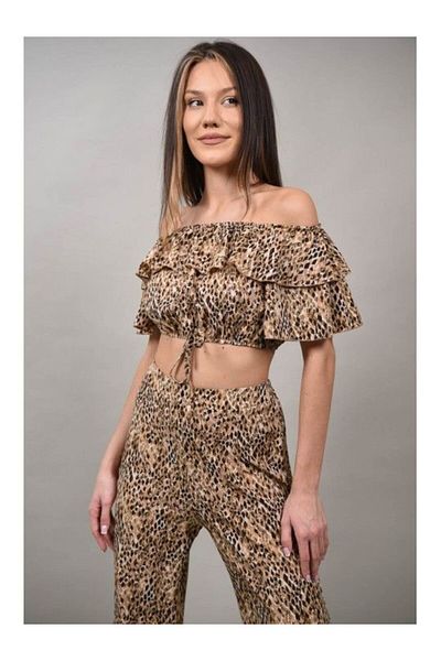sweet girl Serafino Animal Print Ruffle Crop Top Pant Suit S-m Brown