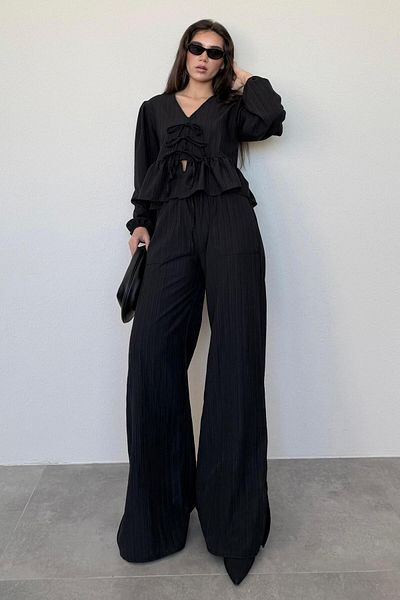 Madmext Black Tie Front Blouse Pants Set Mg2343