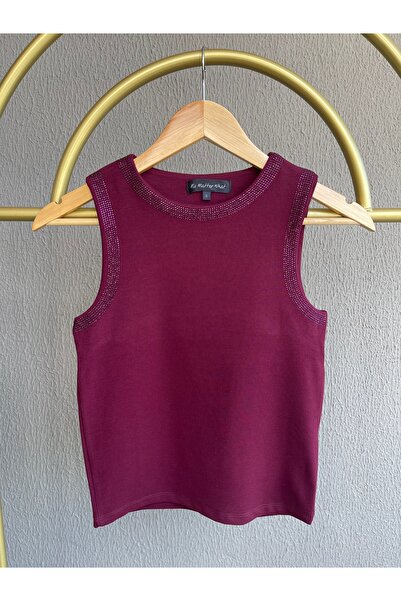 Butik Parlak Taş Detaylı Kolsuz Bisiklet Yaka Body / Bluz