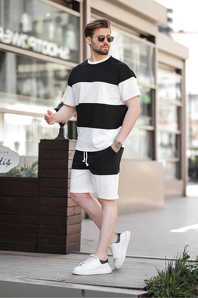 Madmext Black Striped Men's Shorts T-Shirt Set E7420