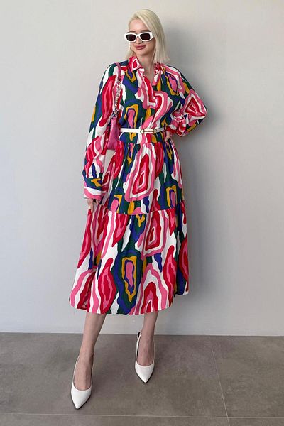 Madmext Pink Long Sleeve Buttoned Patterned Dress Mg2430