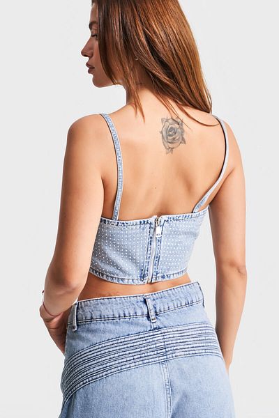 its basic Bustieră din denim cu design special pentru femei, culoare denim, cu bretele din piatră strălucitoare