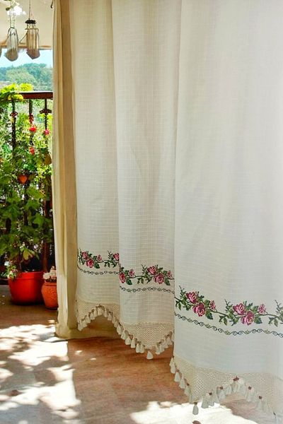 MZN Home Red Cross Stitch Embroidered Authentic Basement Work Monika Curtain (En X Boy) - Unpleated