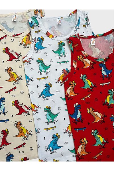 elmas kids Boy's Cotton Red White Ecru Color Dinosaur Patterned 3-Piece Undershirt