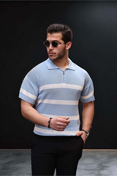 Valiberta Μπλουζάκι με μισό φερμουάρ ριγέ Oversize - Ανοιχτό μπλε