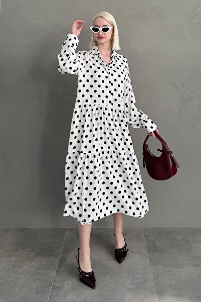 Madmext Beyaz Uzun Kollu Düğmeli Desenli Elbise Mg2430