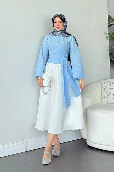 MY QILAM Number 10 Fashion Women's Baby Blue Wide Cuff Sleeve Detailed Tie Front Poplin Shirt