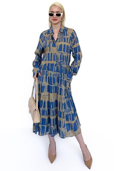 Madmext Indigo Long Sleeve Buttoned Patterned Dress Mg2430