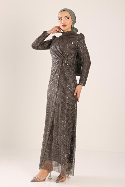 Olcay Suknia wieczorowa hidżab z falbaną i cekinami COFFEE 1677