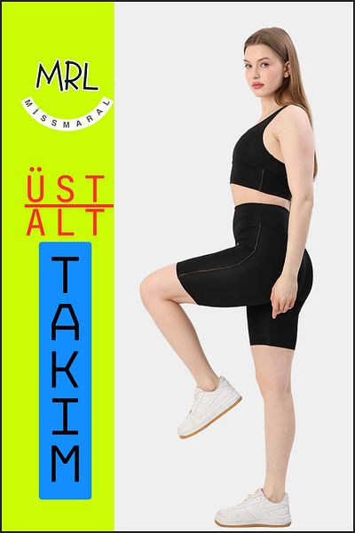 missmaral Set de 2 piese pentru femei, negru, pantaloni scurți, pantaloni scurți și bustieră sport cu tampoane, culoare kaki, el3043