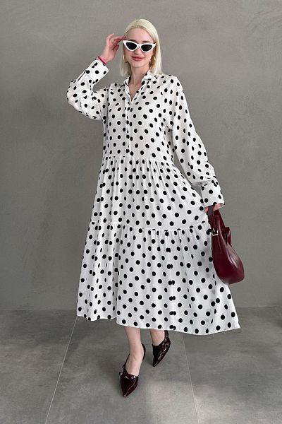 Madmext White Long Sleeve Buttoned Patterned Dress Mg2430