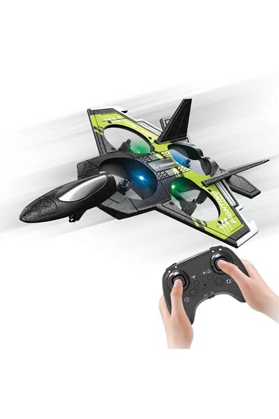 iUni S98 Remote Control Airplane, Combat Aircraft, 360° Acrobatics, Gyroscope, Led Lights, Green