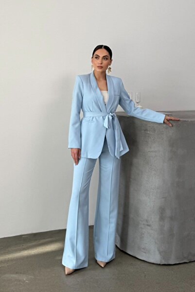 Zera Bağlamalı Blazer Ceket Bol Paça Pantolon Takım