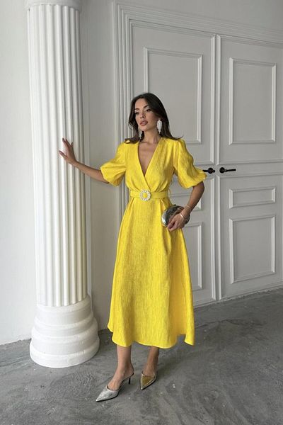 leyla sanat sanata yeni bir bakış açısı Leyla New Perspective on Art Art Yellow Sparkle Belted Double Breasted Dress