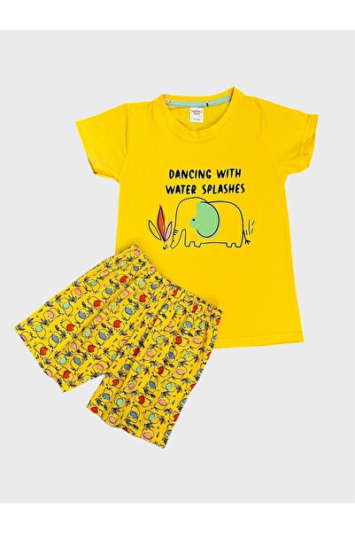 Genel Markalar Erkek Çocuk %100 Pamuklu Sarı Fil Desenli Kısa Kollu Şortlu Yazlık Pijama Takımı