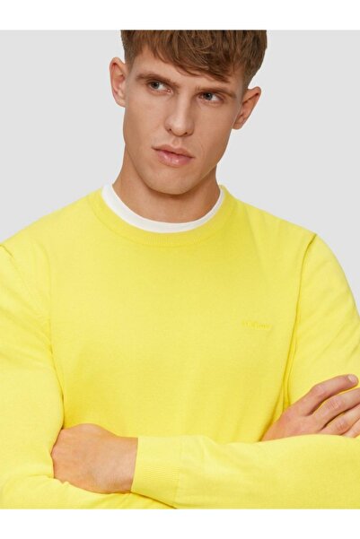 s.Oliver Men's crew neck cotton sweater with logo, Yellow, S
