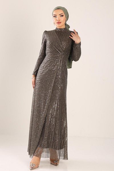 Olcay Fliege Detailliertes Pailletten Hijab Abendkleid BRAUN 1677