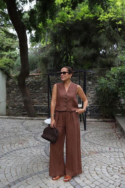 Purple by Banu Brown Linen Vest Pants Set
