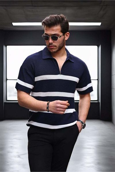 Valiberta Half Zipper Striped Oversize Knitwear T-shirt - Navy Blue