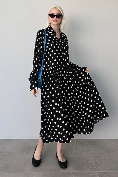 Madmext Siyah Uzun Kollu Düğmeli Desenli Elbise Mg2430