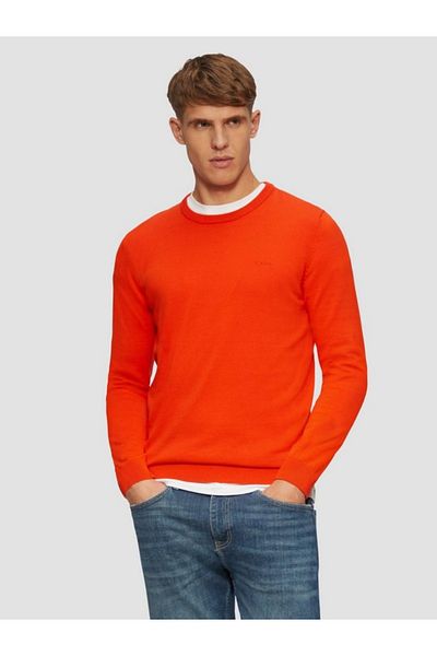 s.Oliver Men's crew neck cotton sweater with logo, Orange, S