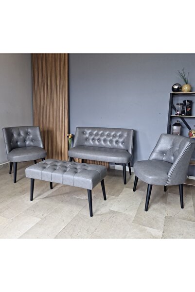Azra Aksesuar DERİ Çay Seti Koltuk Takımı+PUF Oturma Grubu Cafe Mobilya Ofis-...