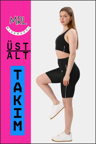 missmaral Kadın Siyah Takım Alt-Üst Kısa Şort-Tayt ve Pedli Sporcu Büstiyer 2li Set Lila Biyeli elt3043