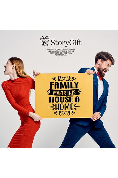 StoryGift Romania Sticker Autocolant 70CM Exterior cu textul "Familia face din aceasta casa "acasa"" , Vinyl Neg